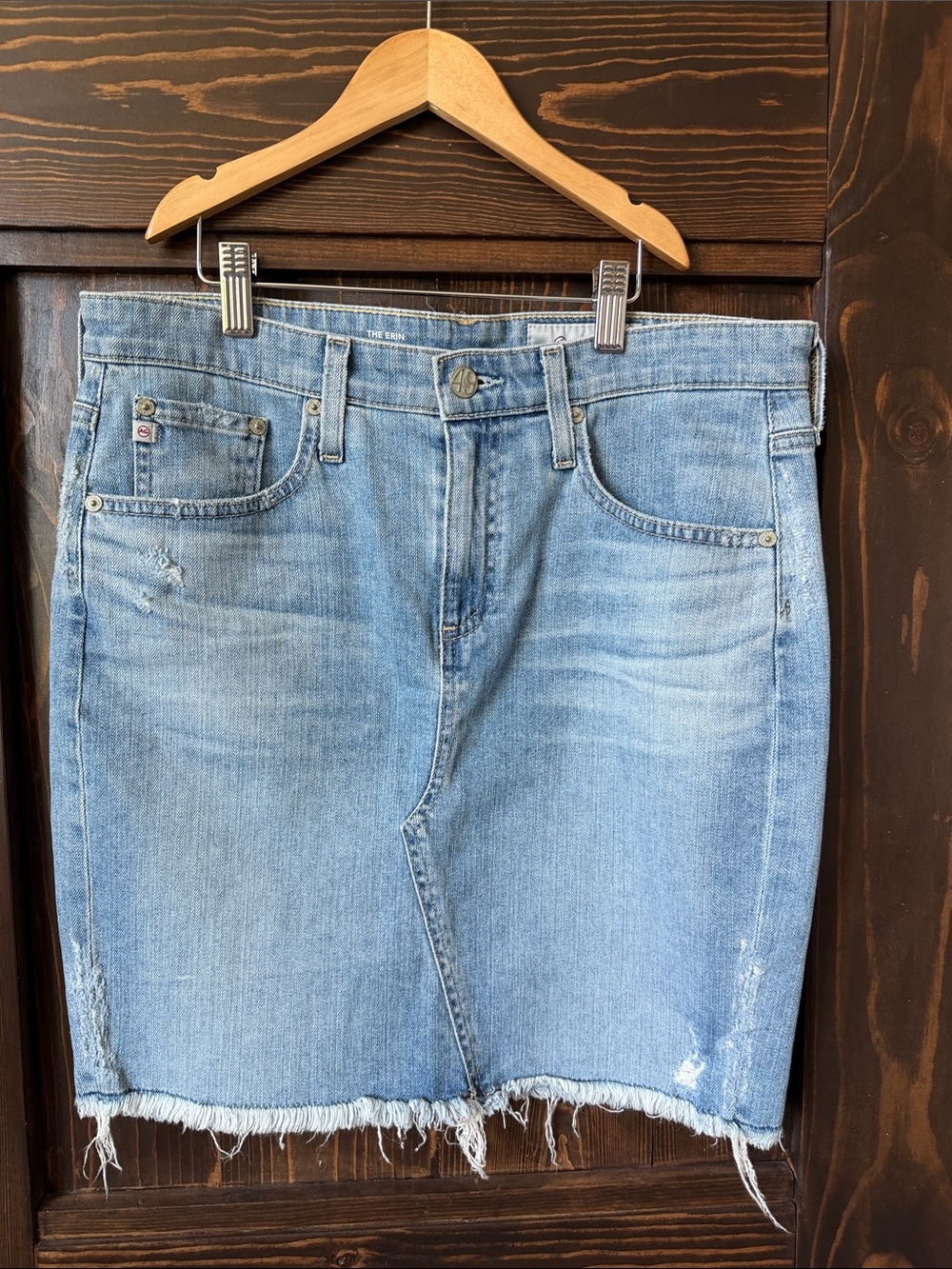 AG Light Wash Denim Pencil Skirt with Raw Hem